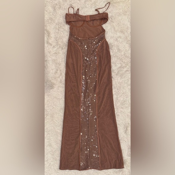 NWOT HOUSE OF CB 'Bonita' Cafe Au Lait brown Sequin Maxi Dress sz S - Picture 7 of 10